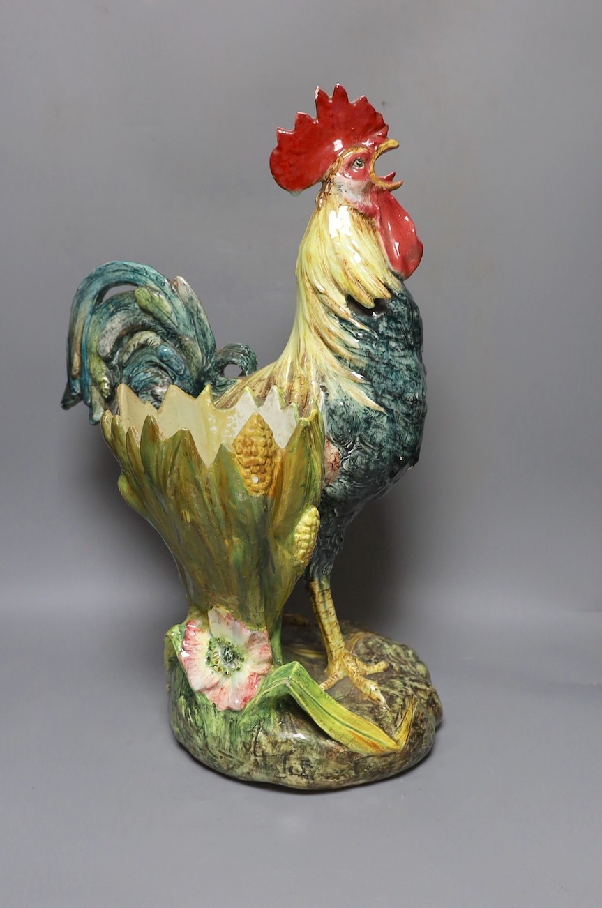 A large Continental majolica ‘cockerel’ planter/vase, 55cms high.